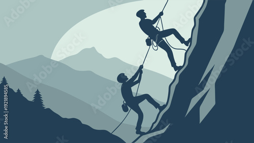 Teamwork Rock Climbing Ascent Silhouette Helping Partner Achieve Summit Goal for Success and Motivation in Outdoor Adventure