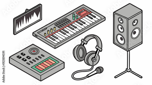 Isometric Music Production Gear Icons for Audio Studio Design Recording Software Interface and Sound Equipment Setup