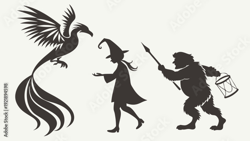 Mythical Phoenix Meeting Witch and Warrior with Spear Drum for Fantasy Storytelling or Game Design Asset