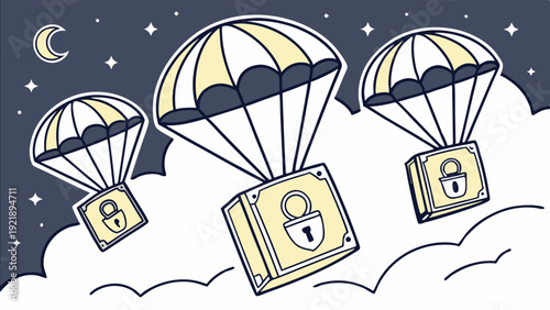 Secure Financial Assets Parachuting Down Through Night Clouds Delivering Confidential Data Protection Investment Safety