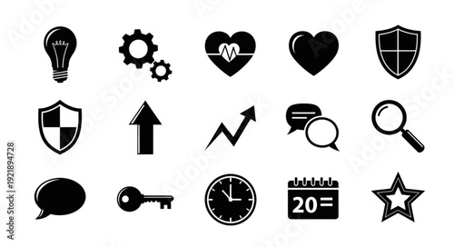 Collection of black icons representing business and technology concepts.