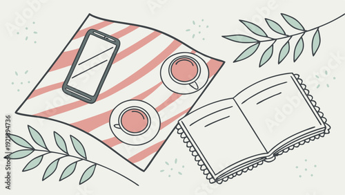 Relaxing Outdoor Picnic Scene with Open Book Smartphone and Coffee for Leisure Reading and Digital Detox Lifestyle