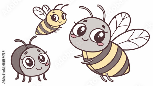 Cute Cartoon Bee Family Flying Together Happy Summer Insect Illustration for Children's Education and Spring Design Projects