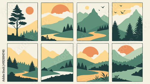 Minimalist Landscape Art Set Serene Mountain River Sunset Forest Scenes for Wall Decor Print Design