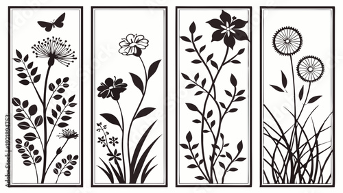 Black and White Floral Silhouette Panels for Elegant Window Film Design Home Decor Wall Art Prints