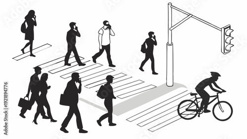 Pedestrians Crossing Street at Crosswalk with Traffic Light Cyclist Commuting Urban City Traffic Flow Illustration for Web Design