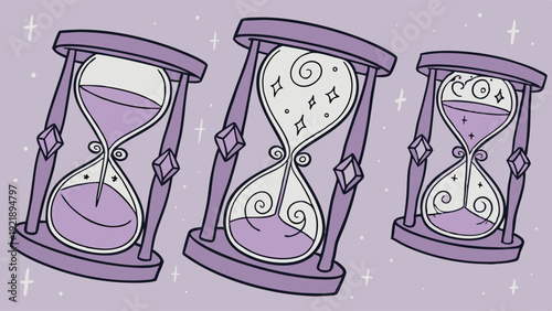 Three Whimsical Purple Hourglasses Symbolizing Time Management Magic for Fantasy Web Design Projects