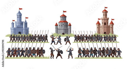 A grand medieval battle scene unfolds on a grassy field, featuring two large armies clashing with swords and spears near three formidable castles.