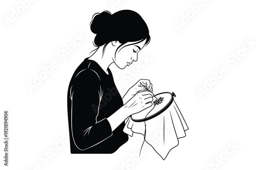 Woman Embroidering Detailed Floral Pattern on Fabric Hoop Focused Concentration Craft Hobby Line Art Stock Illustration