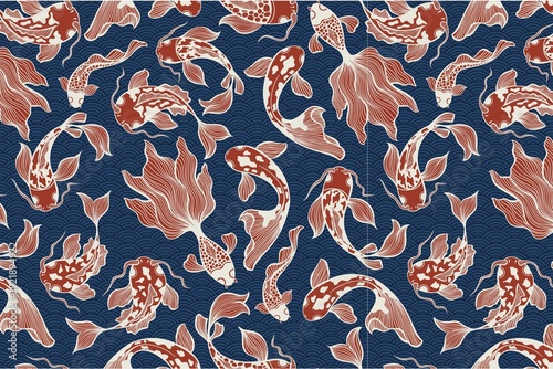 Vibrant koi fish swim in elegant pattern on blue wave background