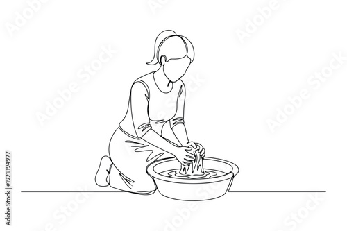 Woman Kneeling Washing Clothes in Basin Single Line Drawing Style Domestic Chore