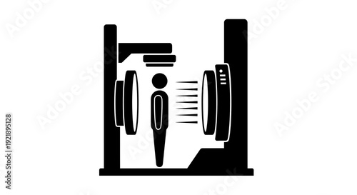 Simple black icon of a person using a computer with headphones.