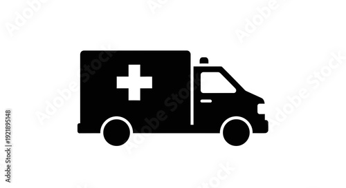 Simple black and white illustration of an ambulance vehicle.