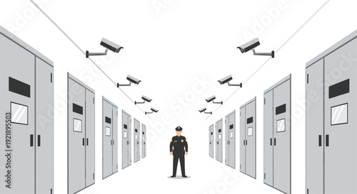 A long, sterile corridor lined with numerous identical gray cell doors, where a police officer stands centrally beneath many watchful security cameras.