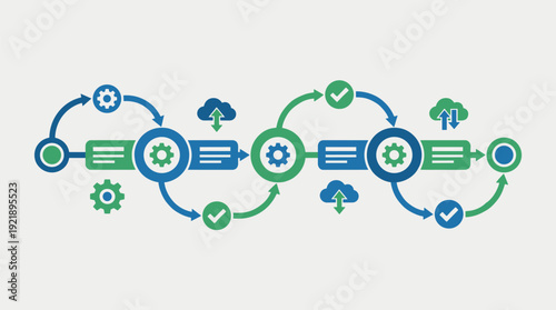 Automated workflow system diagram process steps nodes arrows geometric flat vector business automation efficiency visualization concept