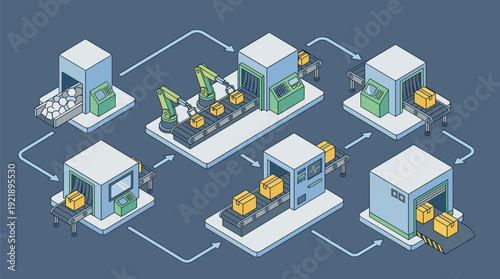 Automation process system isometric modules workflow steps flat vector industrial automation concept