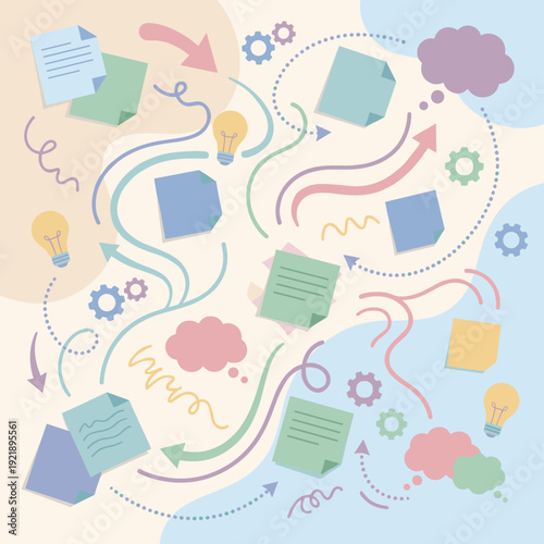 Creative thinking brainstorming process notes sketches organic flat vector innovation concept