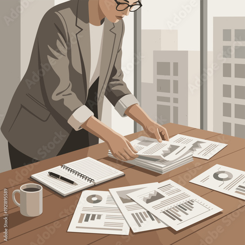 Document review admin workflow papers notebook textured flat vector office administration concept