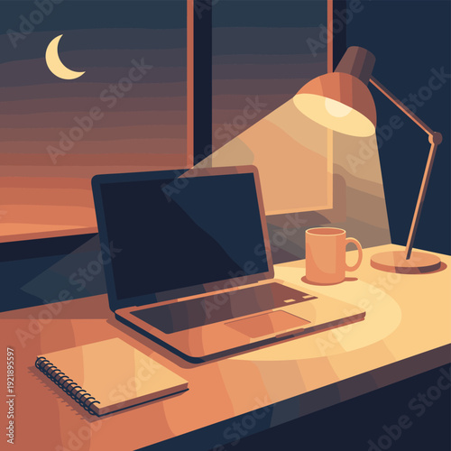 End of workday shutdown routine desk evening calm textured flat vector productivity closure concept