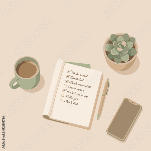 Remote work daily planning minimal desk workspace with checklist notebook coffee plant smartphone flat vector textured corporate productivity concept