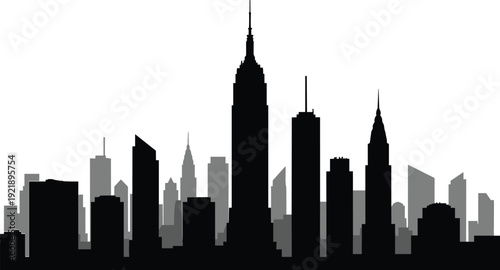 Black and grey silhouette of New York City skyline with Empire State and Chrysler buildings isolated on white background for design.