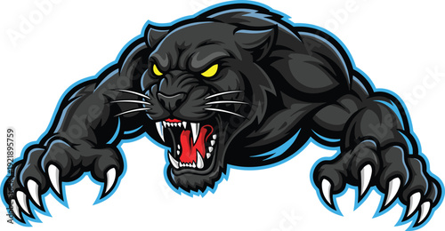 Aggressive black panther mascot vector illustration, fierce wild cat esport logo, predatory animal head with sharp claws and yellow eyes.