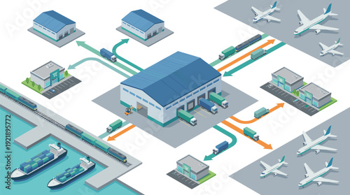 Supply chain distribution network isometric warehouse routes flat vector logistics operations concept