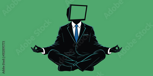 A businessman meditates peacefully with a television for a head on a green background