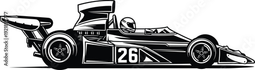 Black and white formula racing car illustration, fast speed sports vehicle with driver, automotive vector graphic for competition, motor racing