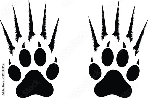 Fierce monster paw prints with sharp long claws vector illustration, predatory beast track marks, aggressive wildlife animal feet isolated on white.