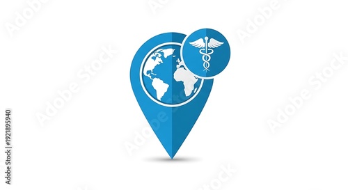 Free Download A blue map pointer incorporates a world globe and a medical symbol, suggesting global health. A subtle shadow appears below - GFXLoad