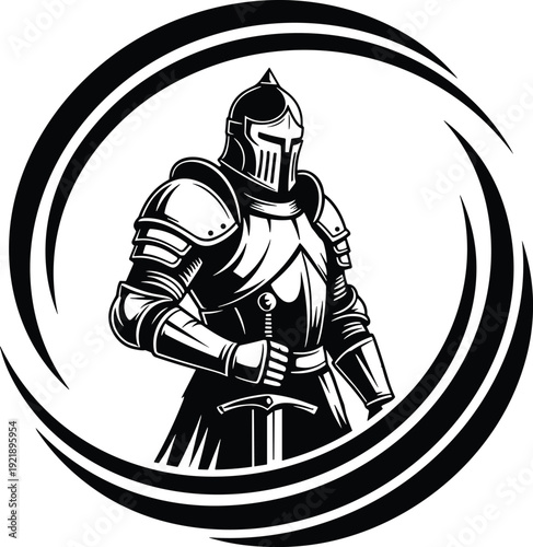 Medieval knight vector illustration in full plate armor with sword, heroic warrior mascot logo for gaming and history projects, isolated.