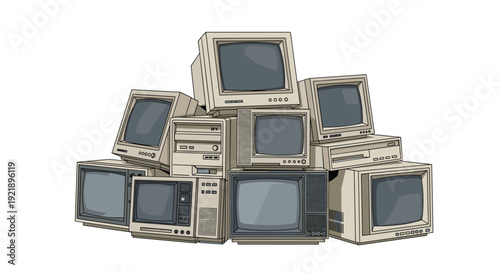 A substantial heap of beige and gray vintage personal computers and Cathode Ray Tube monitors from the 1990s, ready for disposal.
