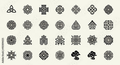 Collection of intricate geometric and abstract decorative symbols.