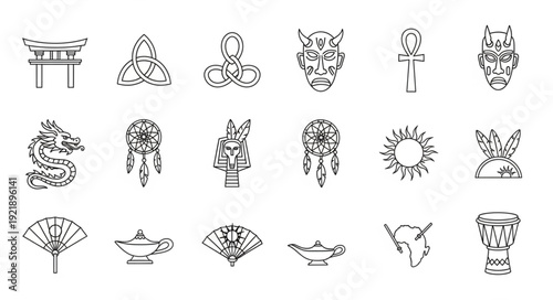Collection of hand drawn cultural and spiritual symbols and icons.