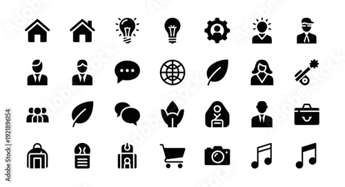 Collection of Black Icons Representing Various Concepts and Ideas.