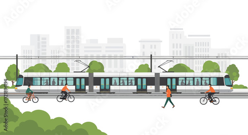 Modern Tram with Greenery and People Biking in a City