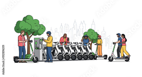 People renting electric scooters from a charging station in a city park