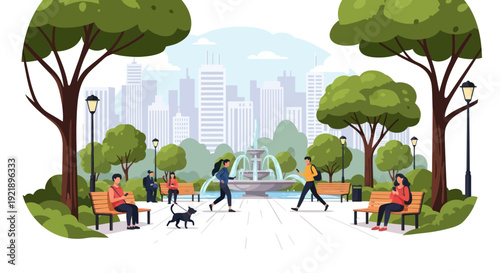 City Park Scene with Fountain, People Relaxing and Walking, Urban Skyline
