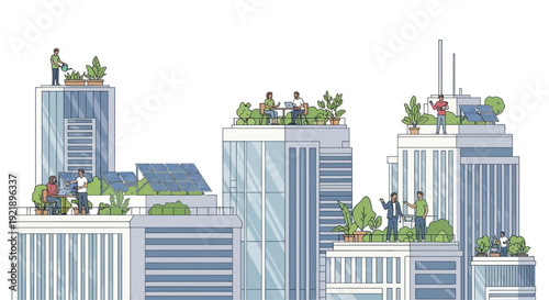 Green Rooftop Gardens on Modern City Buildings with Solar Panels