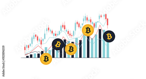 Several golden and black bitcoin coins are positioned on a complex financial candlestick chart showing an upward trend line on a white background.