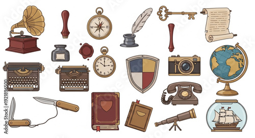 Collection of Vintage Objects and Tools for Writing and Communication.