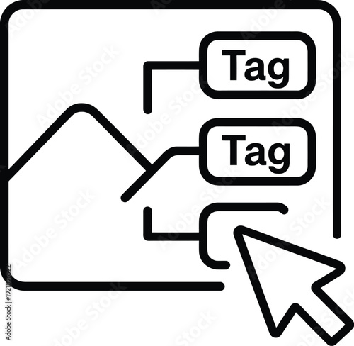 Black and white line art of a computer mouse tagging a document with two tags on a simple interface