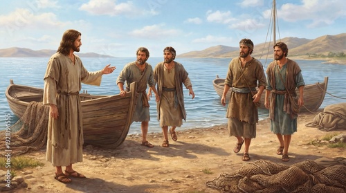 Jesus Christ's divine calling, inviting humble fishermen, transforming them into fishers of men, beginning their sacred ministry, spreading God's Kingdom by the tranquil sea