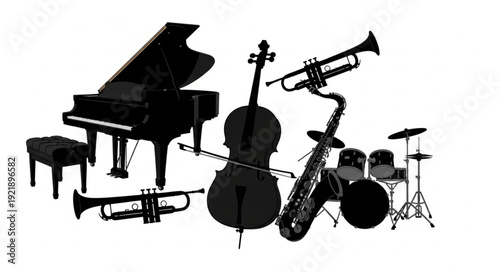 Collection of musical instruments for jazz band performance.