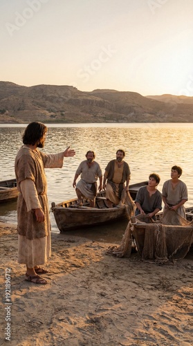 Jesus Christ calls first disciples, inspiring humble fishermen to abandon nets, embrace divine purpose, transforming them into fishers of men, proclaiming God’s Kingdom, ancient lakeside setting