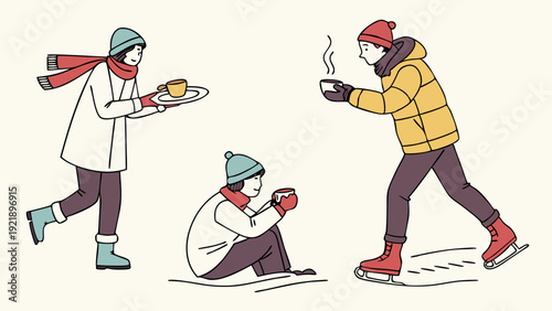 Winter Ice Skating Break People Enjoying Hot Drinks Outdoors for Seasonal Holiday Advertising and Lifestyle Design