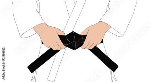 Close up view of human hands carefully tying a black martial arts belt around the waist of a person wearing a white uniform top.