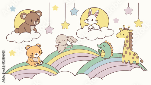 Cute Kawaii Animals on Pastel Rainbow Clouds for Nursery Decor Baby Shower Invitation Kids Room Wallpaper Design