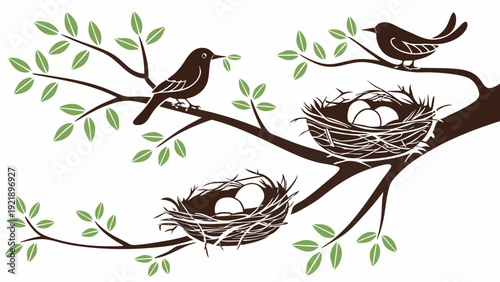 Spring Bird Nests with Eggs on Tree Branch Illustration Perfect for Nature Websites Home Decor or Family Planning Designs